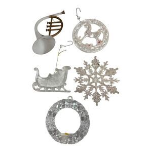 Vintage Clear Plastic Christmas Ornaments Set Of 5 Sleigh Wreath Snowflake Horn